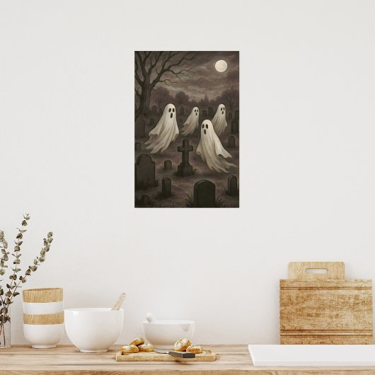 Four Ghosts Under the Full Moon in the Graveyard Poster (Keuken)