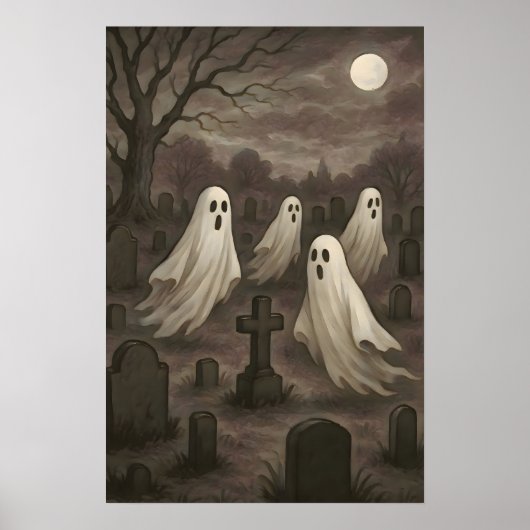 Four Ghosts Under the Full Moon in the Graveyard Poster (Voorkant)
