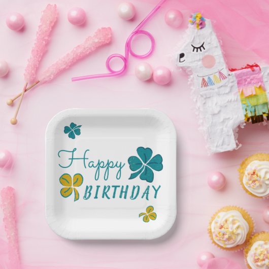 Four Leaf Clover Shamrock Gelukkige Verjaardag Papieren Bordje (Feest)