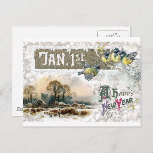 Four Little Birds Tweet Gelukkig Nieuwjaar Feestdagenkaart (Voorkant / Achterkant)
