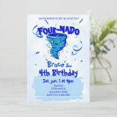 Four-Nado Blauwe Tornado 4e Verjaardag Kaart (Staand voorkant)