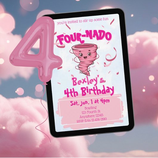 Four-Nado Pink Tornado 4th Birthday Kaart