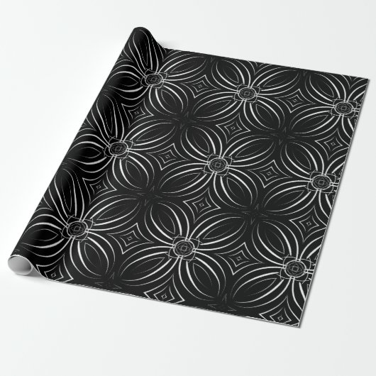 Four-Petal Pattern, zwart en wit Cadeaupapier (Uitgerold)