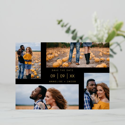 Four Photos Collage Minimalist Modern Wedding Folie Uitnodiging (Staand Voorkant)