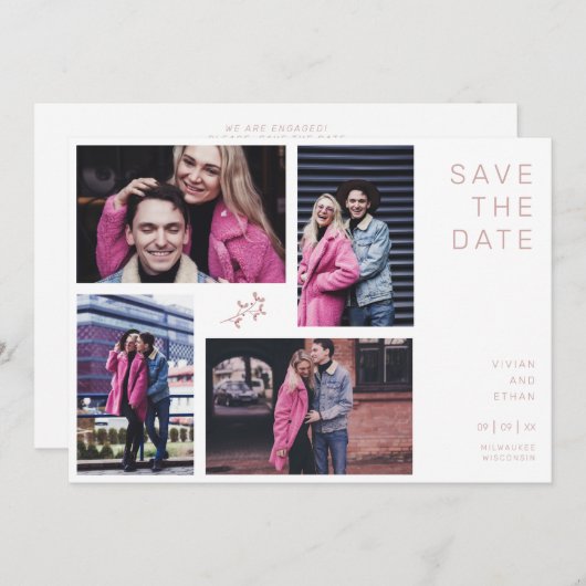 Four Photos Modern Minimalist Collage Wedding Save The Date (Voorkant / Achterkant)