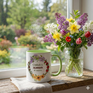 Four Seasons Floral Wreath Gratitude Quote Mug Mok