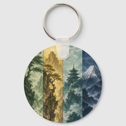 Four Seasons Mountain | Japans Inkt Landschap Sleutelhanger (Voorkant)