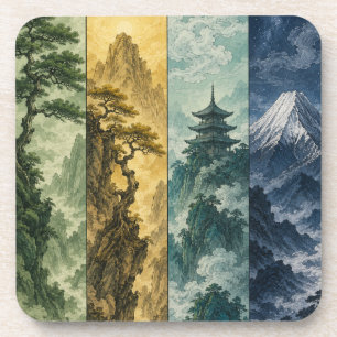 Four Seasons Mountain   Japans inktlandschap Bier Onderzetter