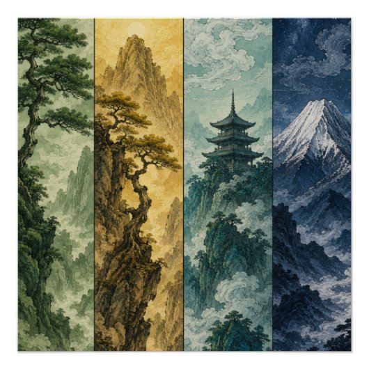 Four Seasons Mountain | Japans inktlandschap Perfect Poster (Voorkant)