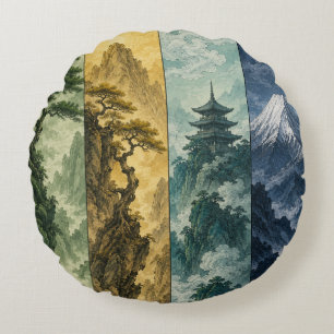 Four Seasons Mountain Japans inktlandschap Rond Kussen