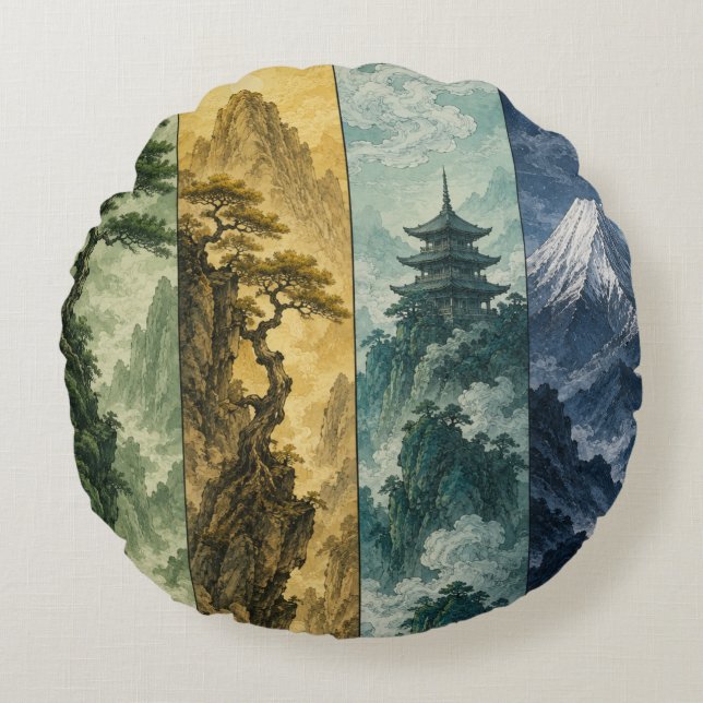Four Seasons Mountain | Japans inktlandschap Rond Kussen (Voorkant)