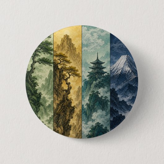 Four Seasons Mountain | Japans inktlandschap Ronde Button 5,7 Cm (Voorkant)