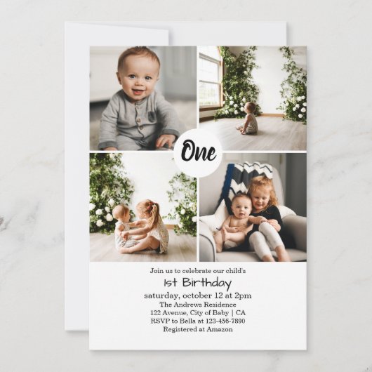 Four Square Photos Collage 1st Birthday Invitation Kaart (Voorkant)