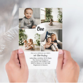 Four Square Photos Collage 1st Birthday Invitation Kaart