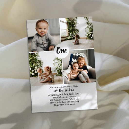 Four Square Photos Collage 1st Birthday Invitation Kaart