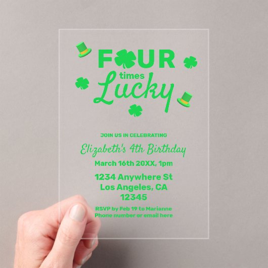 Four Times Lucky 4th Birthday Acryl Uitnodigingen (Insitu (Draagbaar))