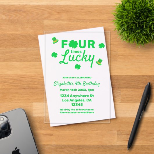 Four Times Lucky 4th Birthday Acryl Uitnodigingen (Insitu (Uitnodiging))