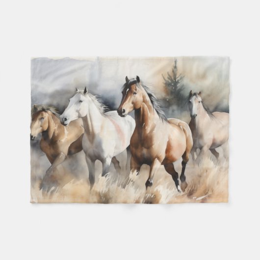 “Four Wild Mustangs” Stof western waterverfschilde Fleece Deken (Voorkant (Horizontaal))