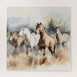 “Four Wild Mustangs” Stof western waterverfschilde Legpuzzel