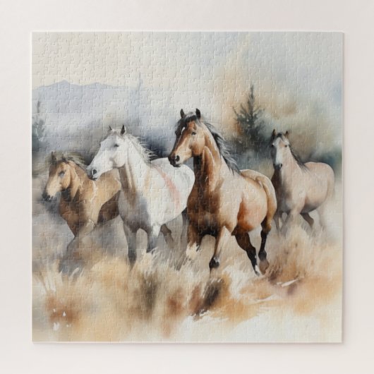 “Four Wild Mustangs” Stof western waterverfschilde Legpuzzel (Verticaal)