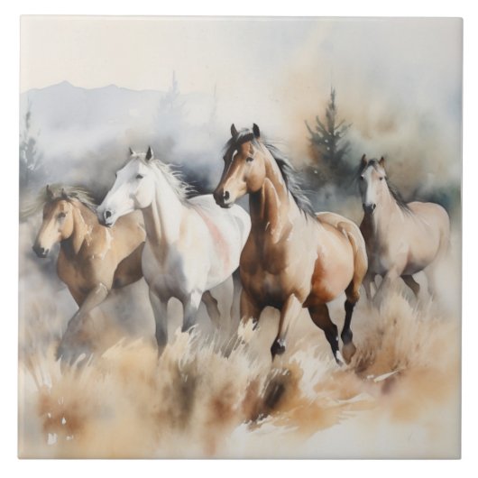 “Four Wild Mustangs” Stof western waterverfschilde Tegeltje (Voorkant)