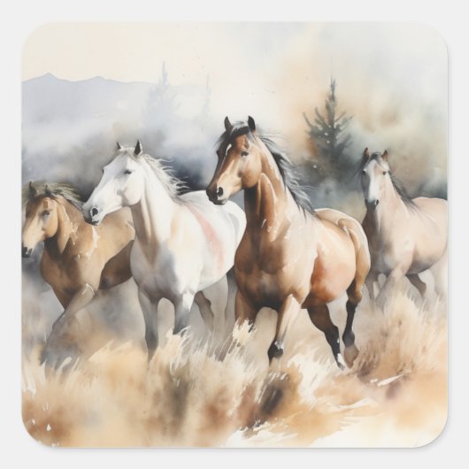 “Four Wild Mustangs” Stof western waterverfschilde Vierkante Sticker (Voorkant)