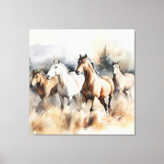 “Four Wild Mustangs” Stof Westers Waterverf Canvas Afdruk (Voorkant)