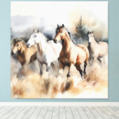 “Four Wild Mustangs” Stof Westers Waterverf Canvas Afdruk (Insitu (Houten vloer))