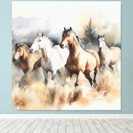 “Four Wild Mustangs” Stof Westers Waterverf Canvas Afdruk (Insitu (Houten vloer))