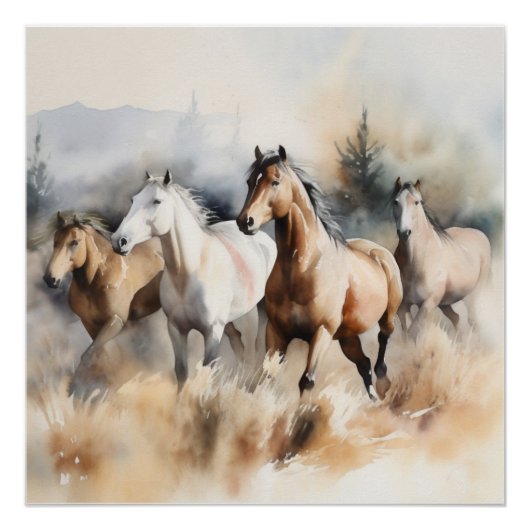 “Four Wild Mustangs” Stof Westers Waterverf Perfect Poster (Voorkant)