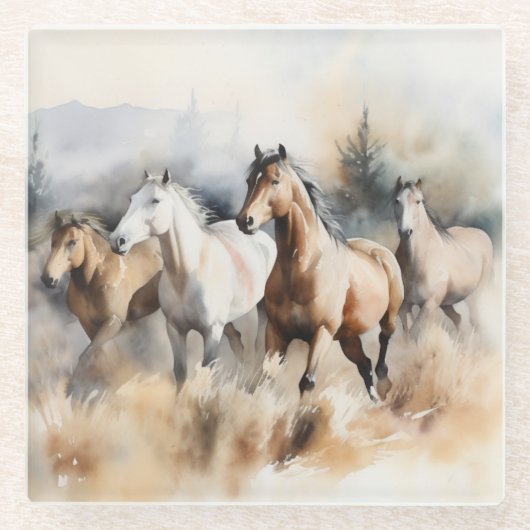 "Four Wild Mustangs" Stoffige Westerne aquarel Glazen Onderzetter (Voorkant)