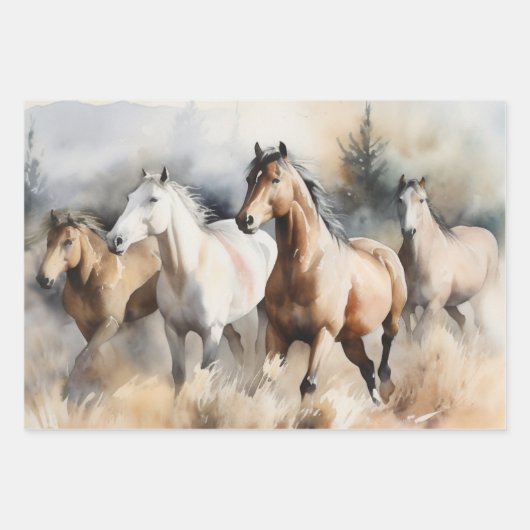 "Four Wild Mustangs" Stoffige Westerne aquarel Inpakpapier Vel (Voorkant)