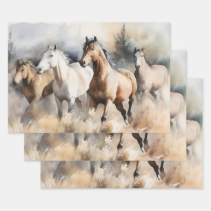 "Four Wild Mustangs" Stoffige Westerne aquarel Inpakpapier Vel