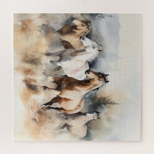 "Four Wild Mustangs" Stoffige Westerne aquarel Legpuzzel (Horizontaal)