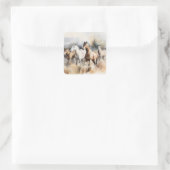 "Four Wild Mustangs" Stoffige Westerne aquarel Vierkante Sticker (Tas)