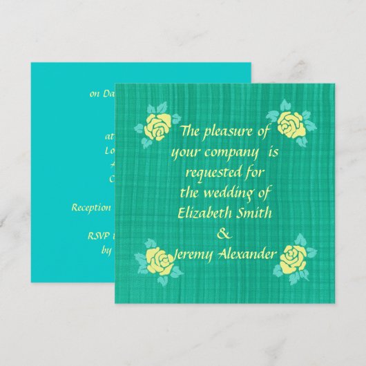 Four Yellow Roses Green Blauwgroen Plaid Huwelijks Kaart (Voorkant / Achterkant)