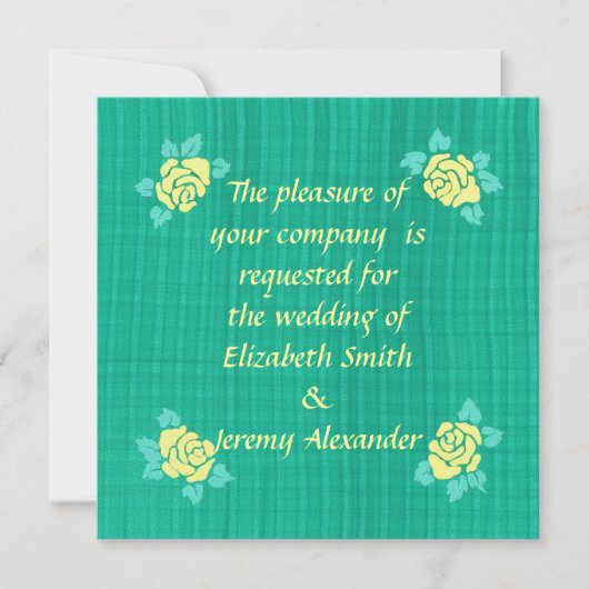 Four Yellow Roses Green Blauwgroen Plaid Huwelijks Kaart (Voorkant)