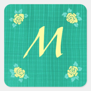 Four Yellow Roses Green Blauwgroen Plaid Initiaal Vierkante Sticker