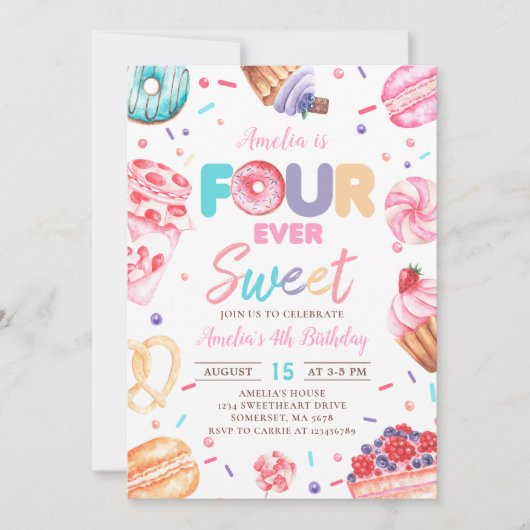 Fourever Sweet Donut Snoep 4e verjaardag Uitnodigi Kaart (Voorkant)