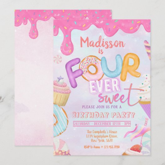 Fourever Sweet Girl 4th Birthday Invitation Kaart (Voorkant / Achterkant)