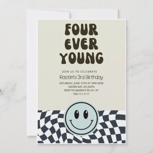 Fourever Young Retro geblokte verjaardagsuitnodigi Kaart (Voorkant)