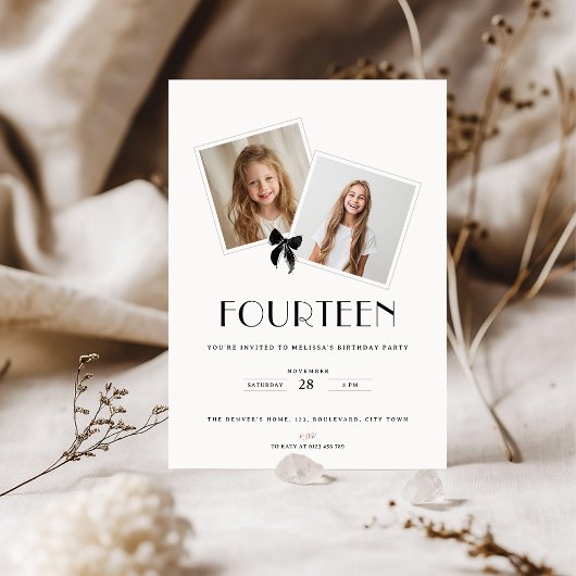 Fourteen black ribbon 14th birthday teens kaart