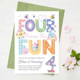 Fourth Birthday Invite Girl, Four times the Fun  Kaart