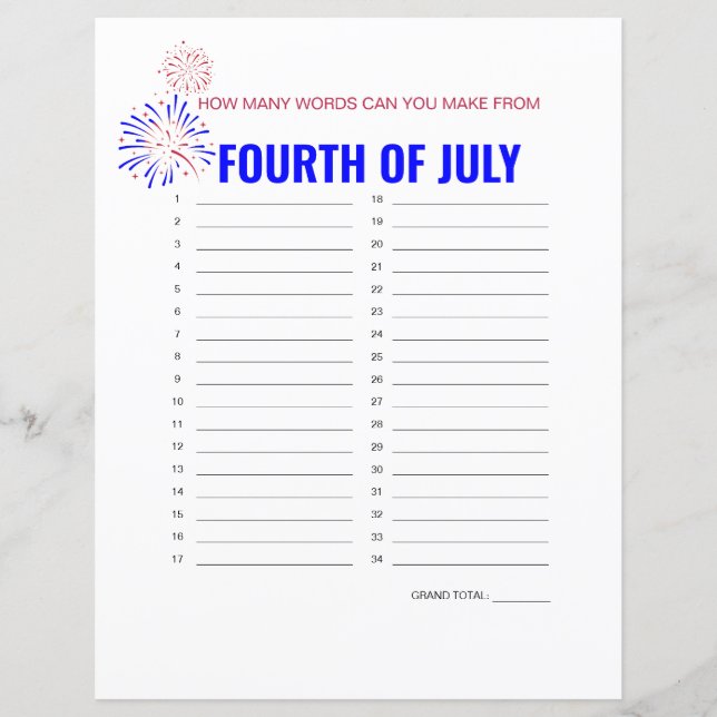 "Fourth of July" Word Maker Game (Voorkant)