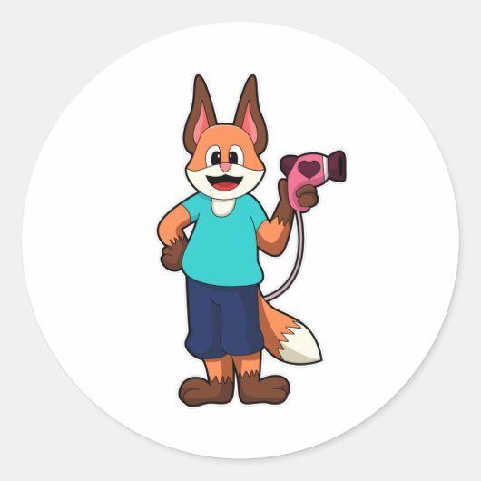 Fox als hairdresser met hairdroger ronde sticker (Voorkant)