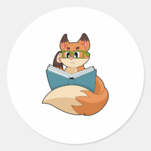 Fox als nerd met boek en bril ronde sticker