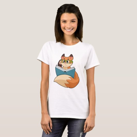 Fox als nerd met boek en bril t-shirt (Voorkant volledig)