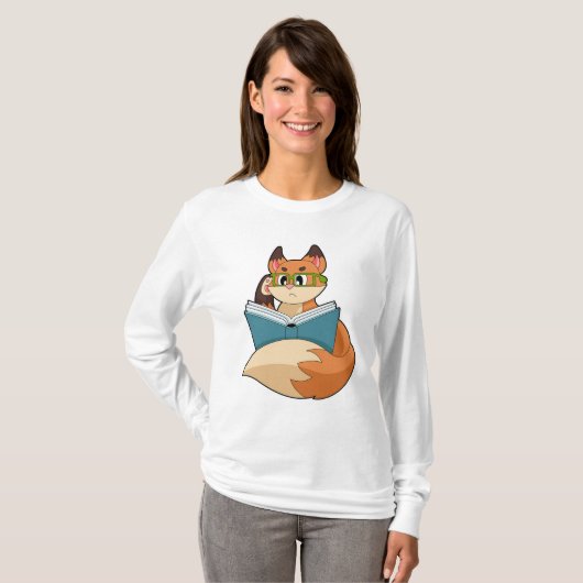 Fox als nerd met boek en bril t-shirt (Voorkant volledig)