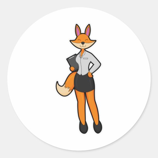 Fox als secretaris met blocnote ronde sticker (Voorkant)