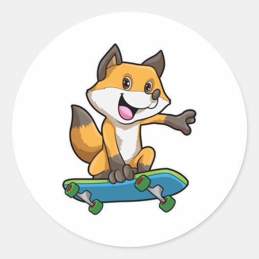 Fox als Skater met skateboard Ronde Sticker (Voorkant)